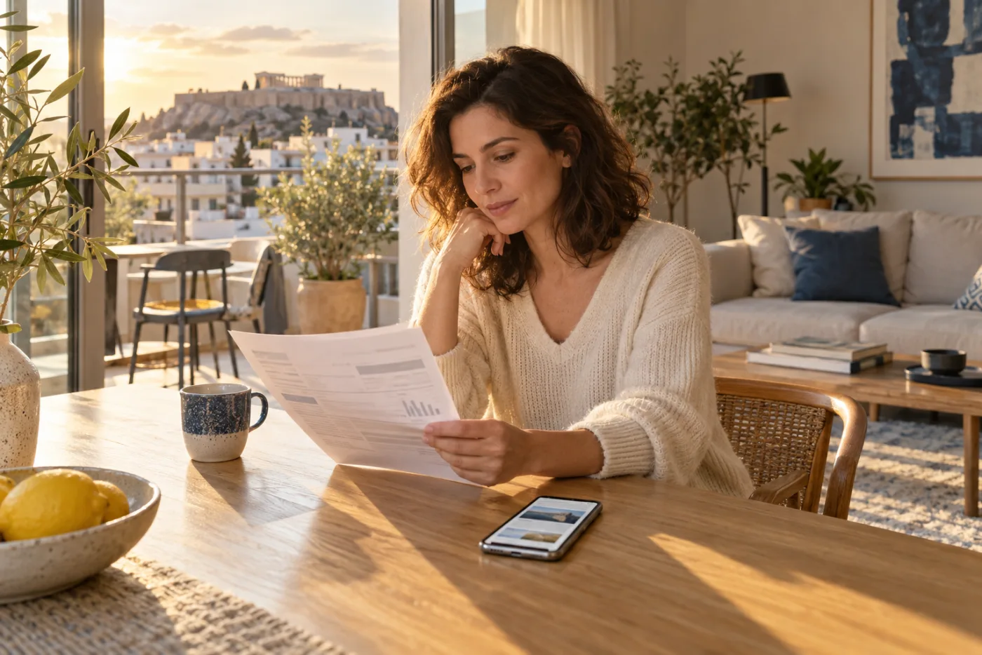 Person reading an electricity bill beside a smartphone in a modern Greek home